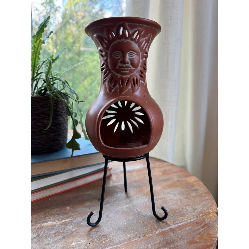 Terracotta celestial sun Chiminea Candle Holder with Iron Stand Southwestern